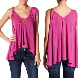 Free People Fuschia Pink Magenta New Vibes Beaded Toga V-Neck Tank M